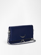 Pochette Rock - Pochette en cuir grainé à double chaînes cuir et métal et ailes ornées de strass.