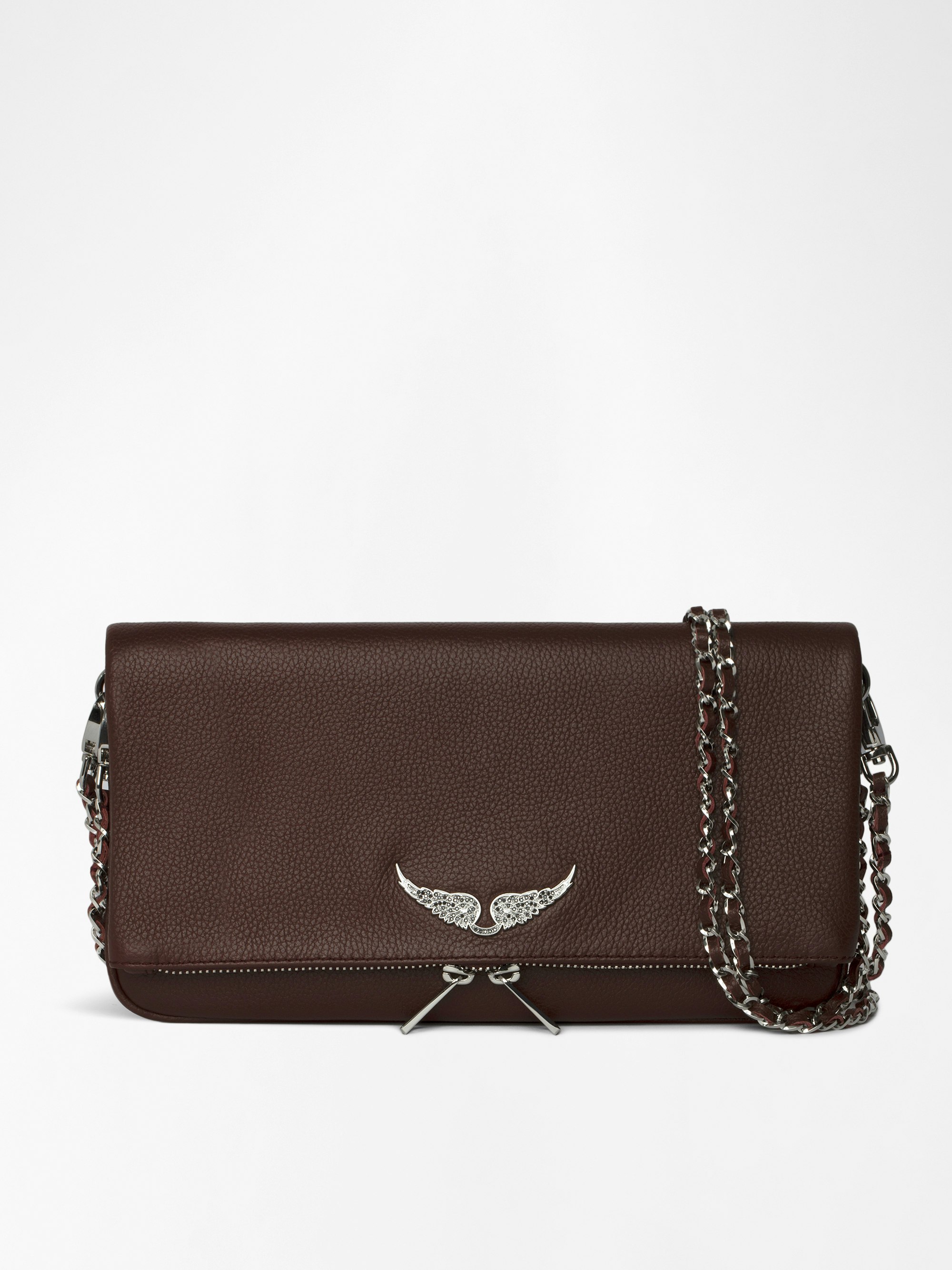 Rock Clutch - Grained leather pochette with double leather and metal chains and rhinestone-embellished wings.