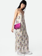 Rock Clutch - Women’s fuchsia grained leather clutch with double leather and metal chain strap.