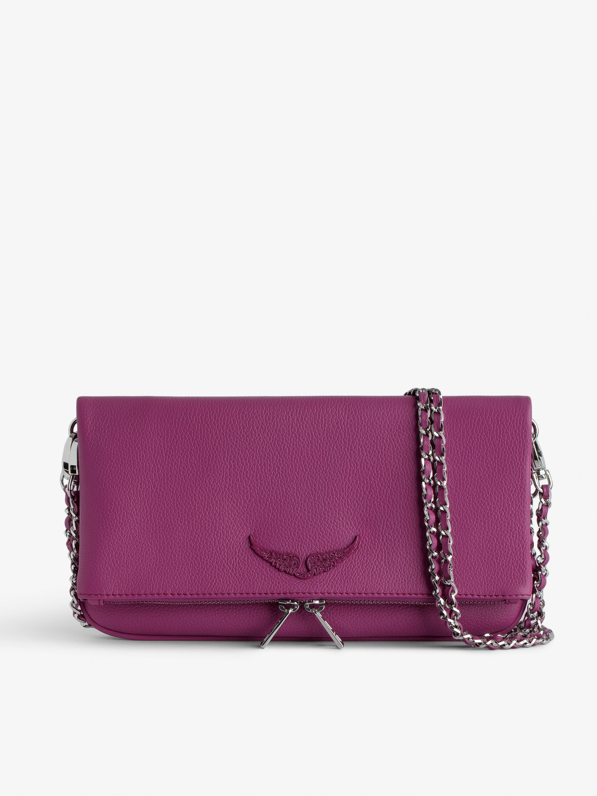 Rock Clutch - Women’s fuchsia grained leather clutch with double leather and metal chain strap.