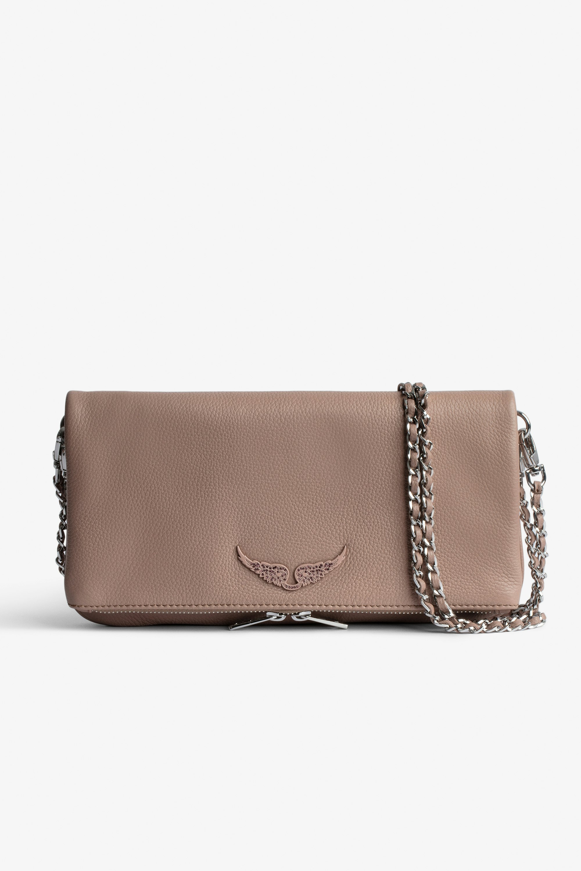 Rock Clutch Clutch bag in antique-pink grained leather with double leather-and-metal chain