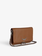 Rock Clutch - Grained leather pochette with double leather and metal chains and rhinestone-adorned wings.