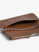 Rock Clutch - Grained leather pochette with double leather and metal chains and rhinestone-adorned wings.