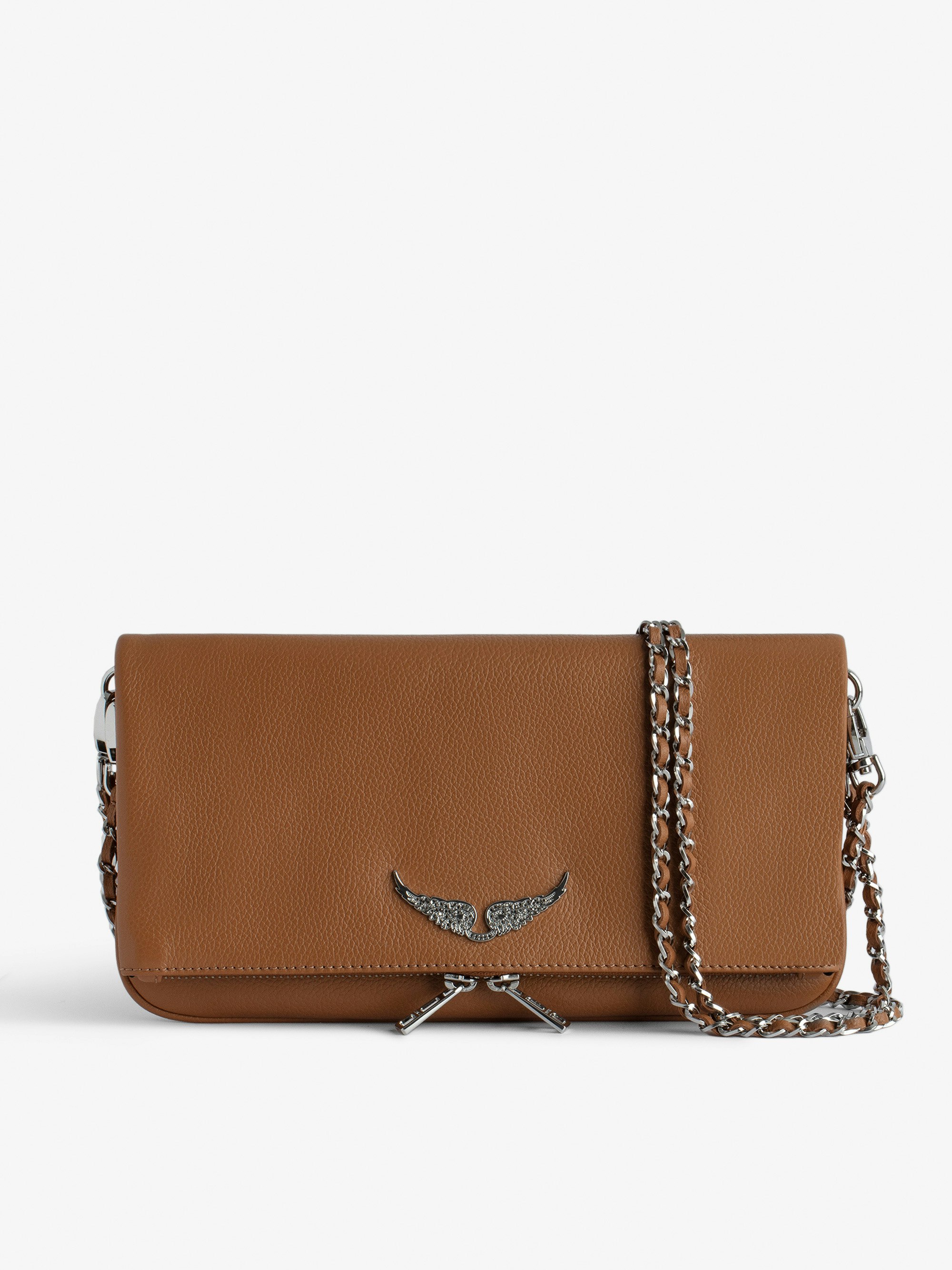 Rock Clutch - Women’s brown grained leather clutch with double leather and metal chain strap.