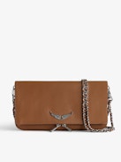Rock Clutch - Grained leather pochette with double leather and metal chains and rhinestone-adorned wings.