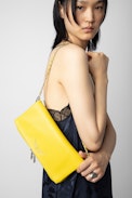 Rock Clutch - Women’s yellow grained leather clutch with double leather and metal chain strap.