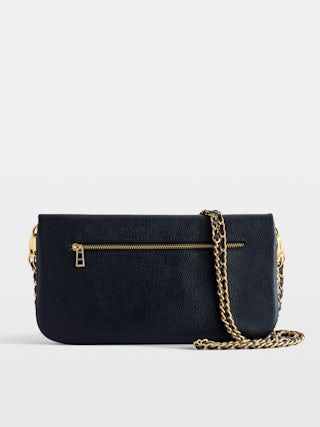 Pochette Rock - Pochette en cuir grainé à double chaînes cuir et métal et ailes ornées de strass.
