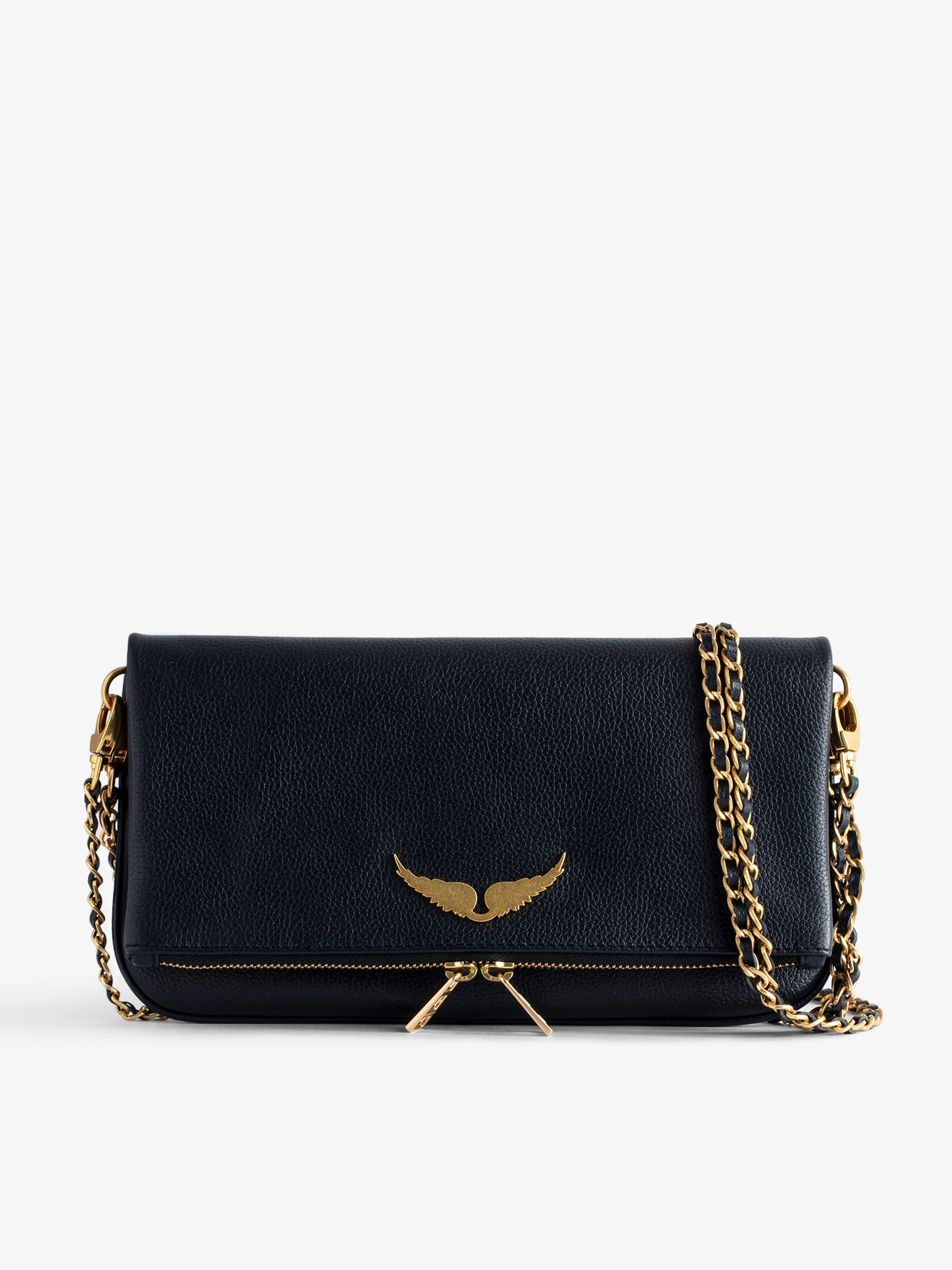 Rock Clutch - Women’s navy blue grained leather clutch with double leather and metal chain strap.