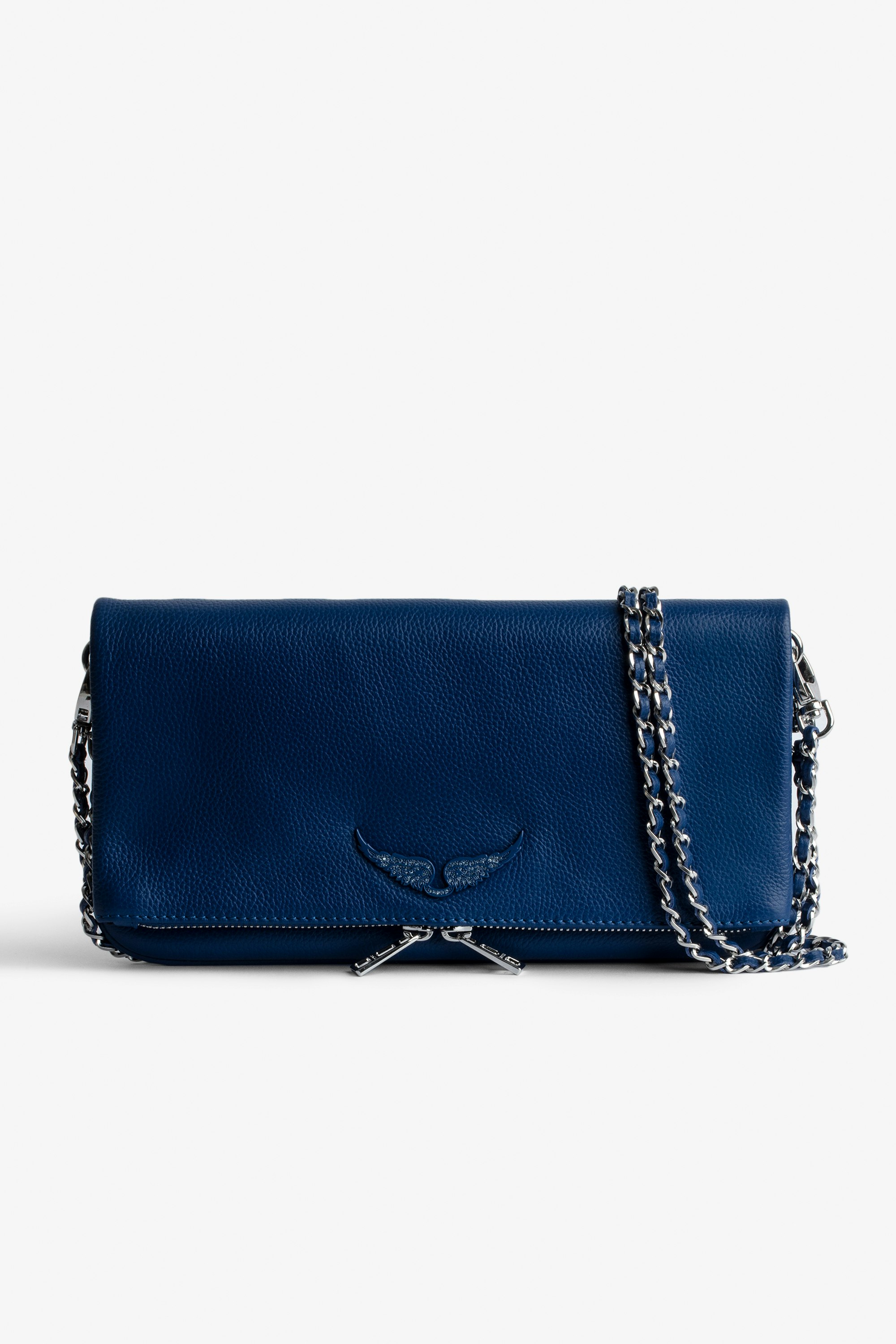 Rock Clutch Women's clutch bag in blue grained leather with double leather-and-metal chain