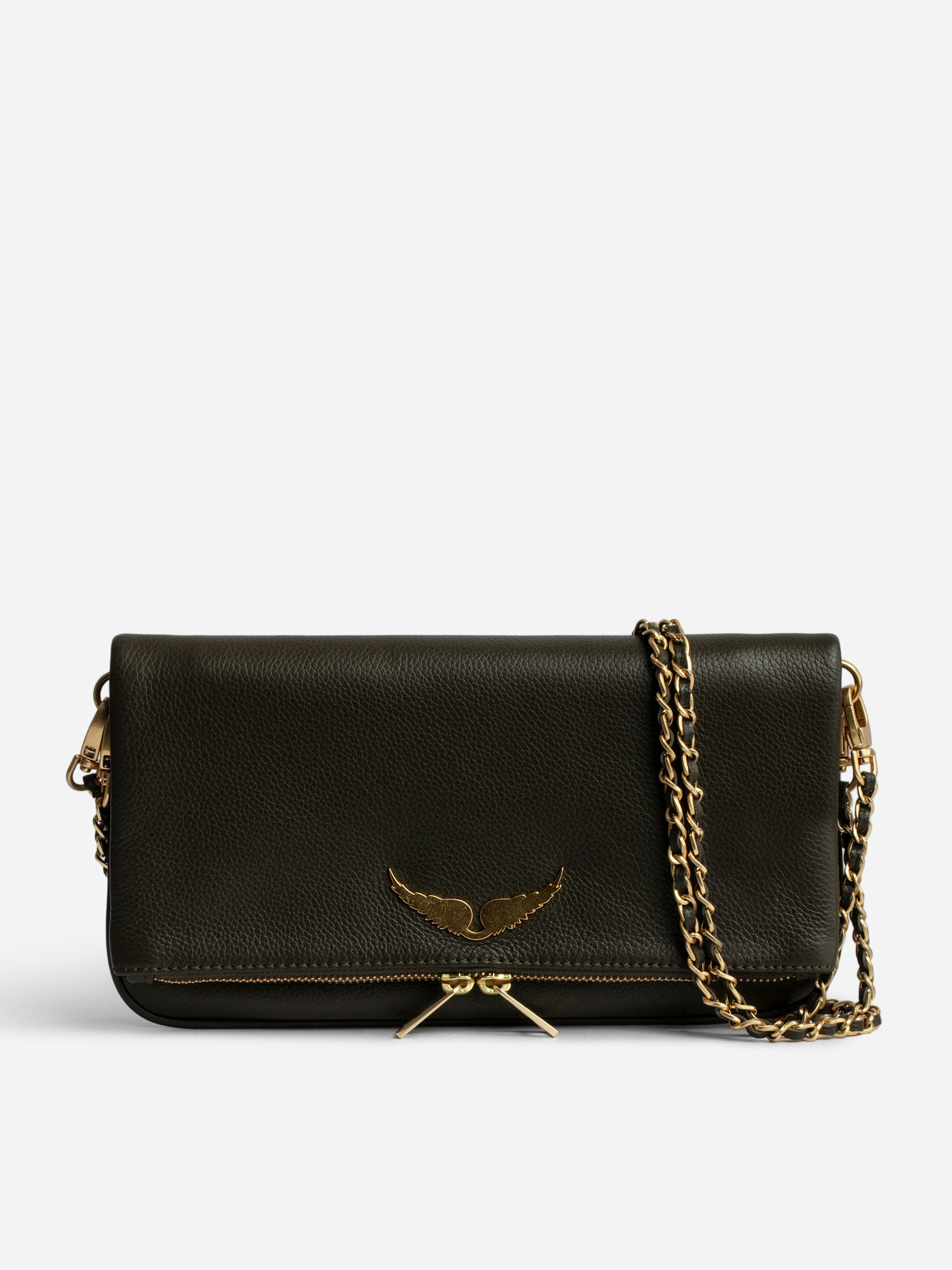 Rock Clutch - Women’s khaki grained leather clutch bag with double leather and gold-tone metal chain strap.