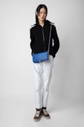 Rock Clutch - Women’s blue grained leather clutch bag with double leather and metal chain strap.