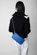 Rock Clutch - Women’s blue grained leather clutch bag with double leather and metal chain strap.