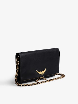 Rock Clutch - Grained leather clutch with double leather and metal chains and rhinestone-adorned wings.