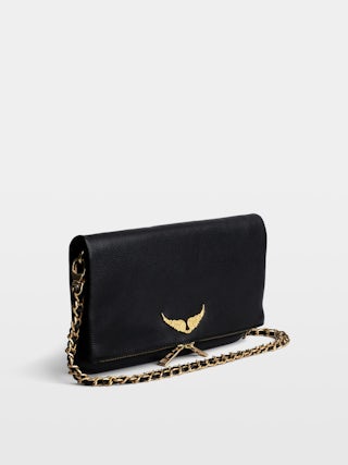 Pochette Rock - Pochette en cuir grainé à double chaînes cuir et métal et ailes ornées de strass.