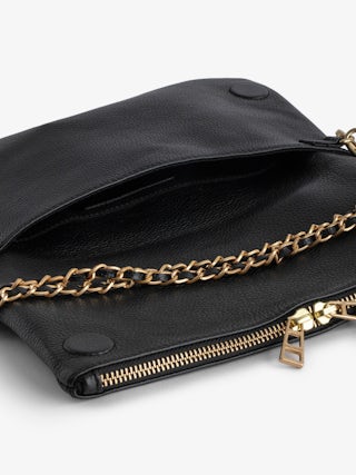Rock Clutch - Grained leather clutch with double leather and metal chains and rhinestone-adorned wings.