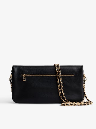 Rock Clutch - Grained leather clutch with double leather and metal chains and rhinestone-adorned wings.