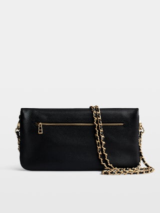 Pochette Rock - Pochette en cuir grainé à double chaînes cuir et métal et ailes ornées de strass.