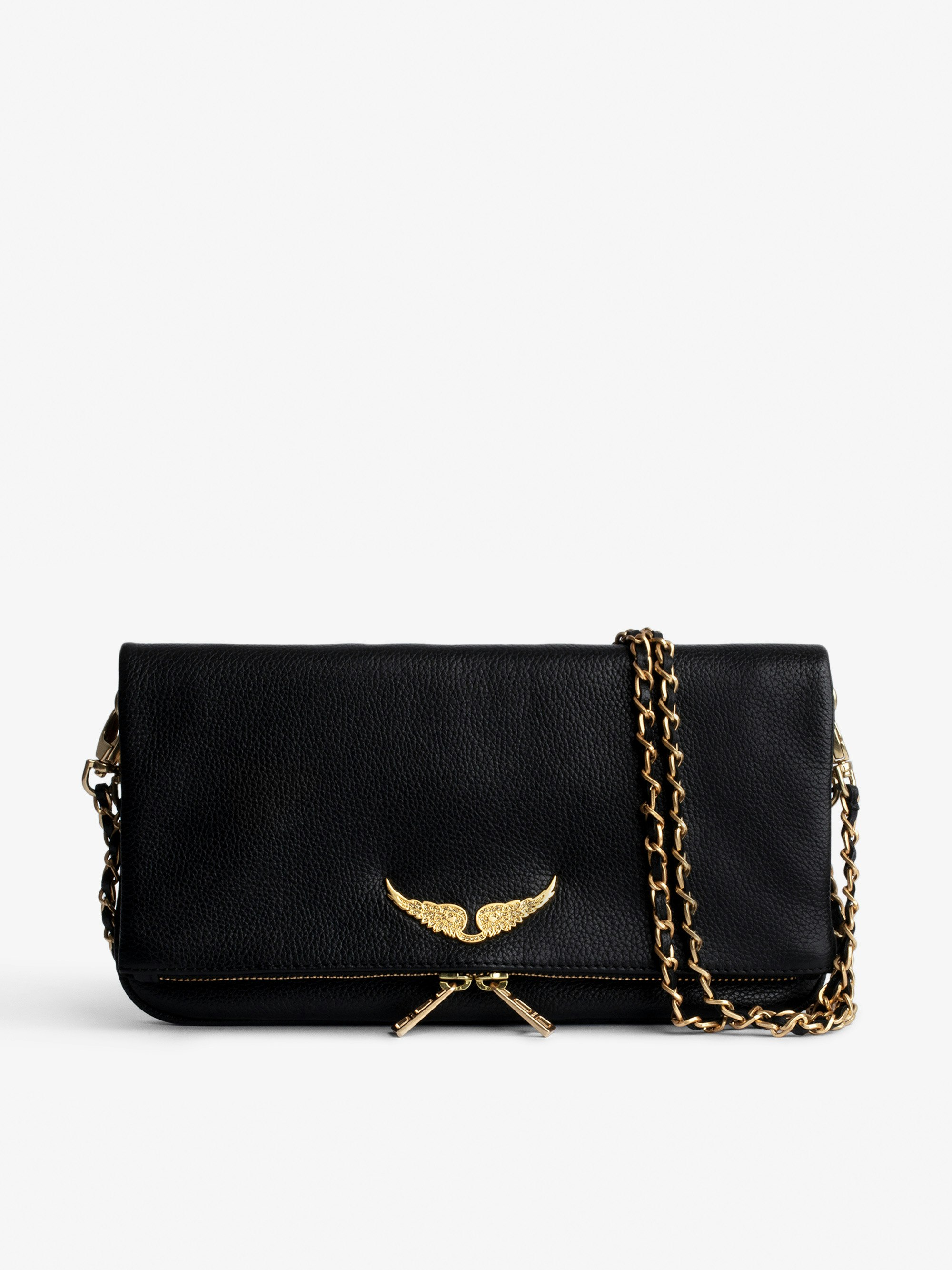 Rock Clutch - Women’s black leather clutch with gold-toned detailing.