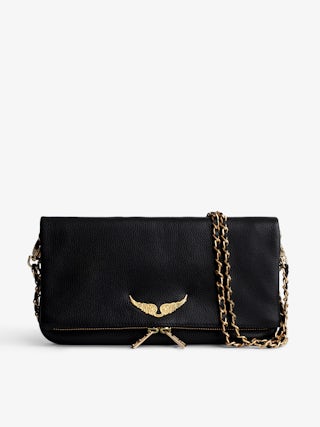 Rock Clutch - Grained leather clutch with double leather and metal chains and rhinestone-adorned wings.