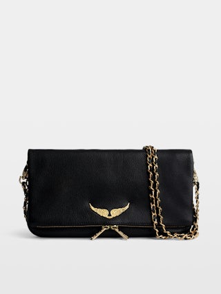 Pochette Rock - Pochette en cuir grainé à double chaînes cuir et métal et ailes ornées de strass.
