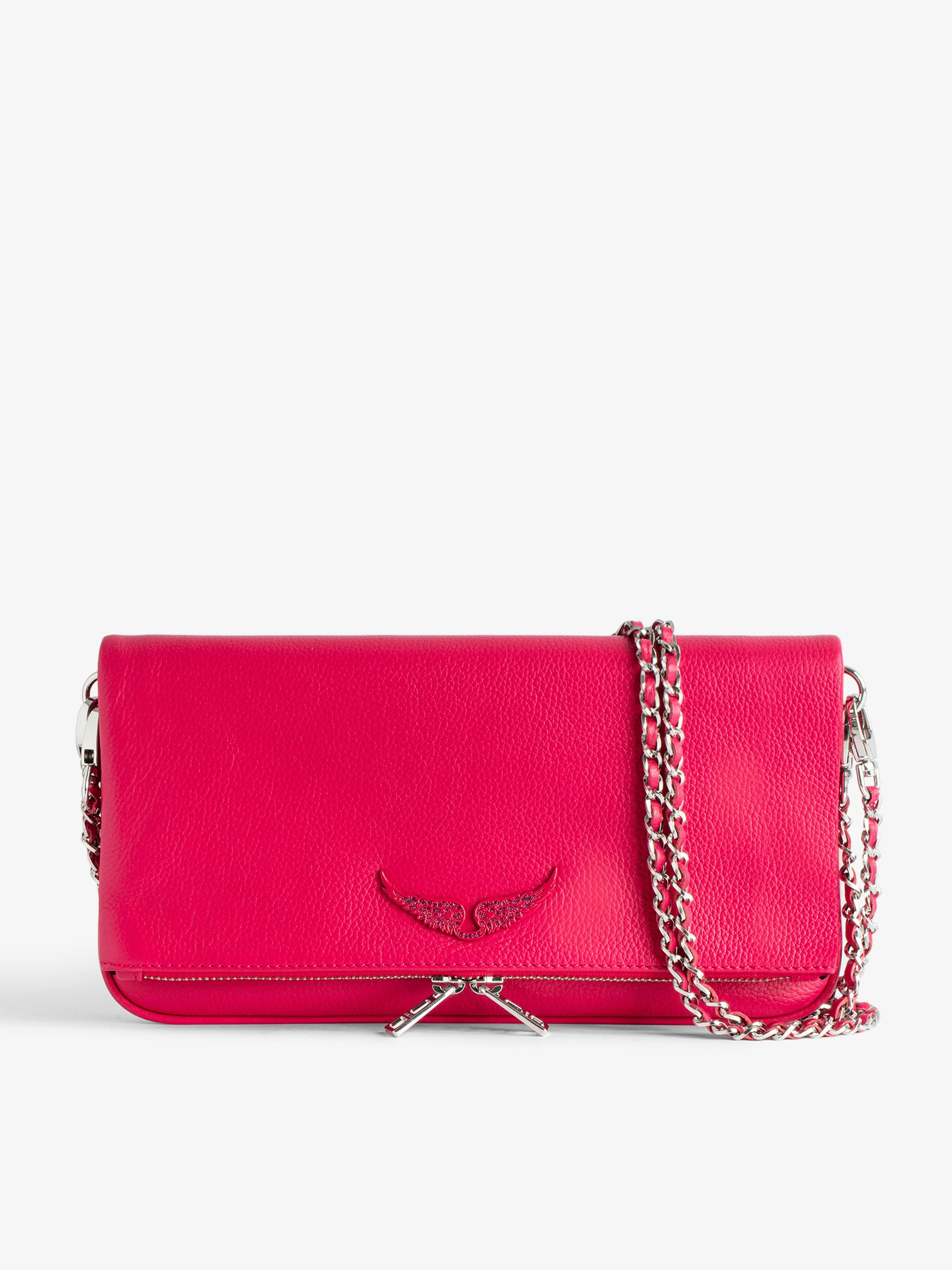 Bolso de Mano Rock - Bolso de mano rosa de piel con efecto granulado para mujer con cadena doble de piel y metal.