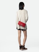 Rock Clutch - Women’s red grained leather clutch bag with double leather and metal chain strap.