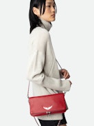 Rock Clutch - Women’s red grained leather clutch bag with double leather and metal chain strap.