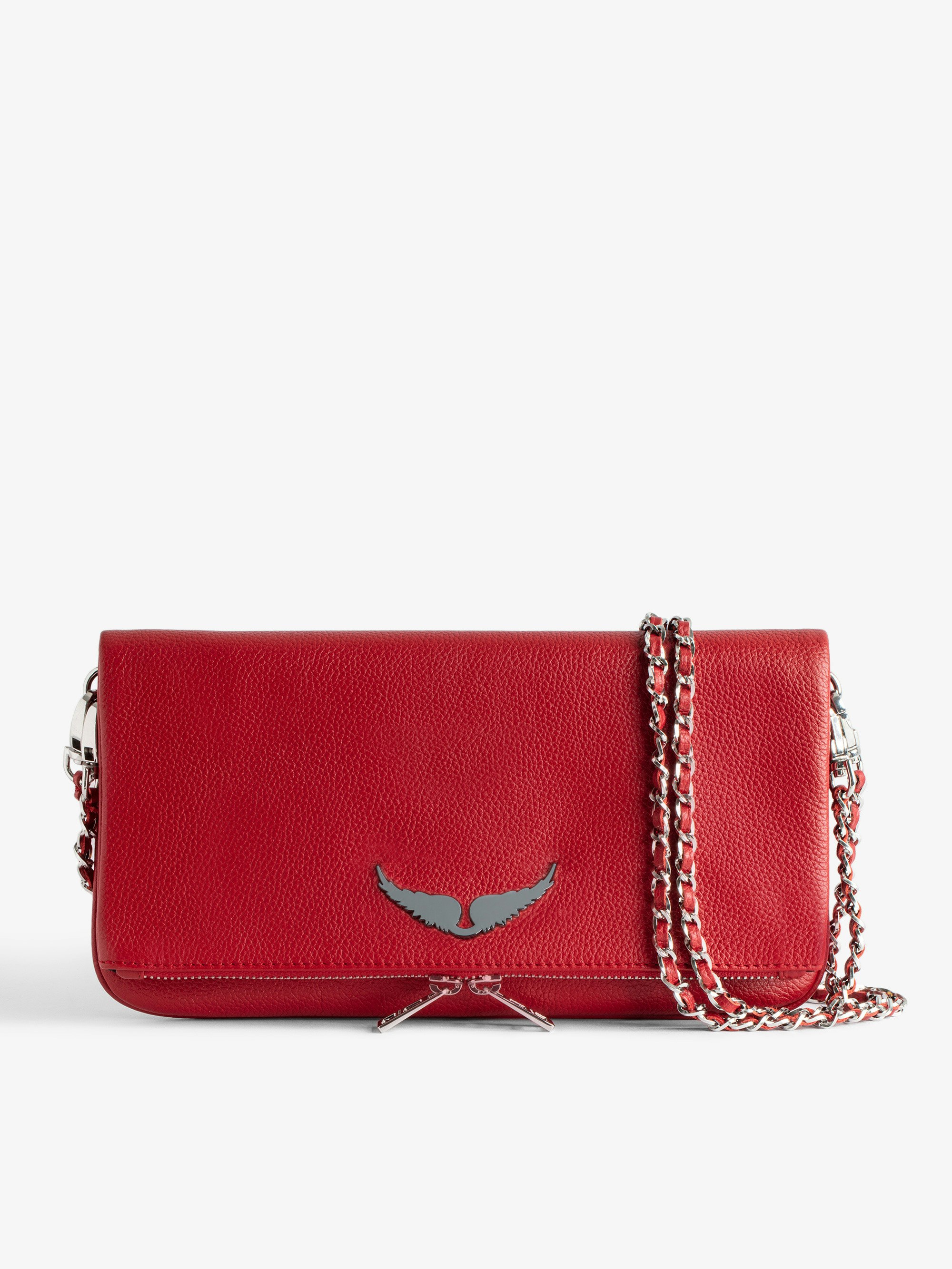Rock Clutch - Women’s red grained leather clutch bag with double leather and metal chain strap.