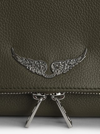 Rock Clutch - Khaki grained leather clutch with double leather and metal chain and signature wings adorned with rhinestones.
