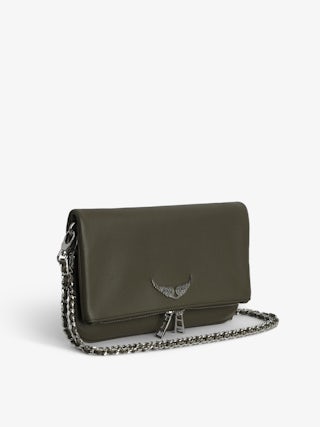 Rock Clutch - Khaki grained leather clutch with double leather and metal chain and signature wings adorned with rhinestones.