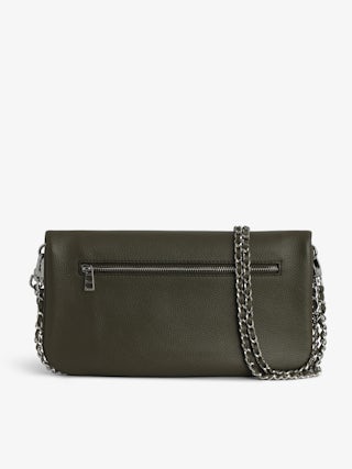 Rock Clutch - Khaki grained leather clutch with double leather and metal chain and signature wings adorned with rhinestones.