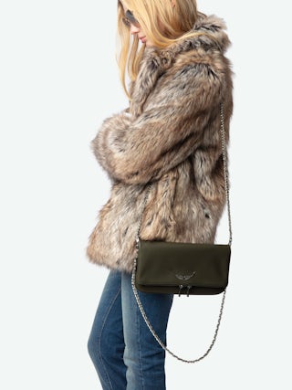 Rock Clutch - Khaki grained leather clutch with double leather and metal chain and signature wings adorned with rhinestones.