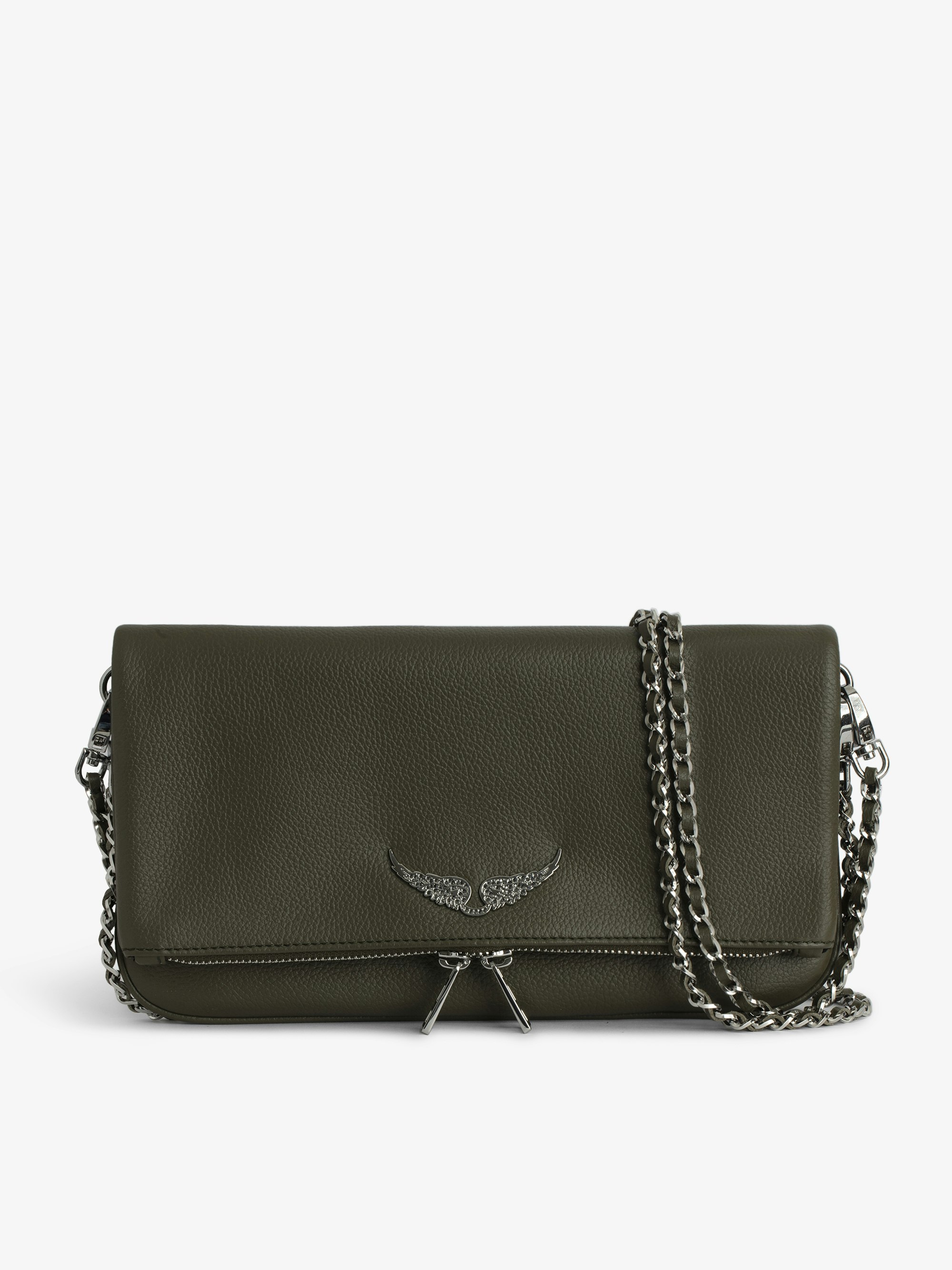 Rock Clutch - Khaki grained leather clutch with double leather and metal chain and signature wings adorned with rhinestones.