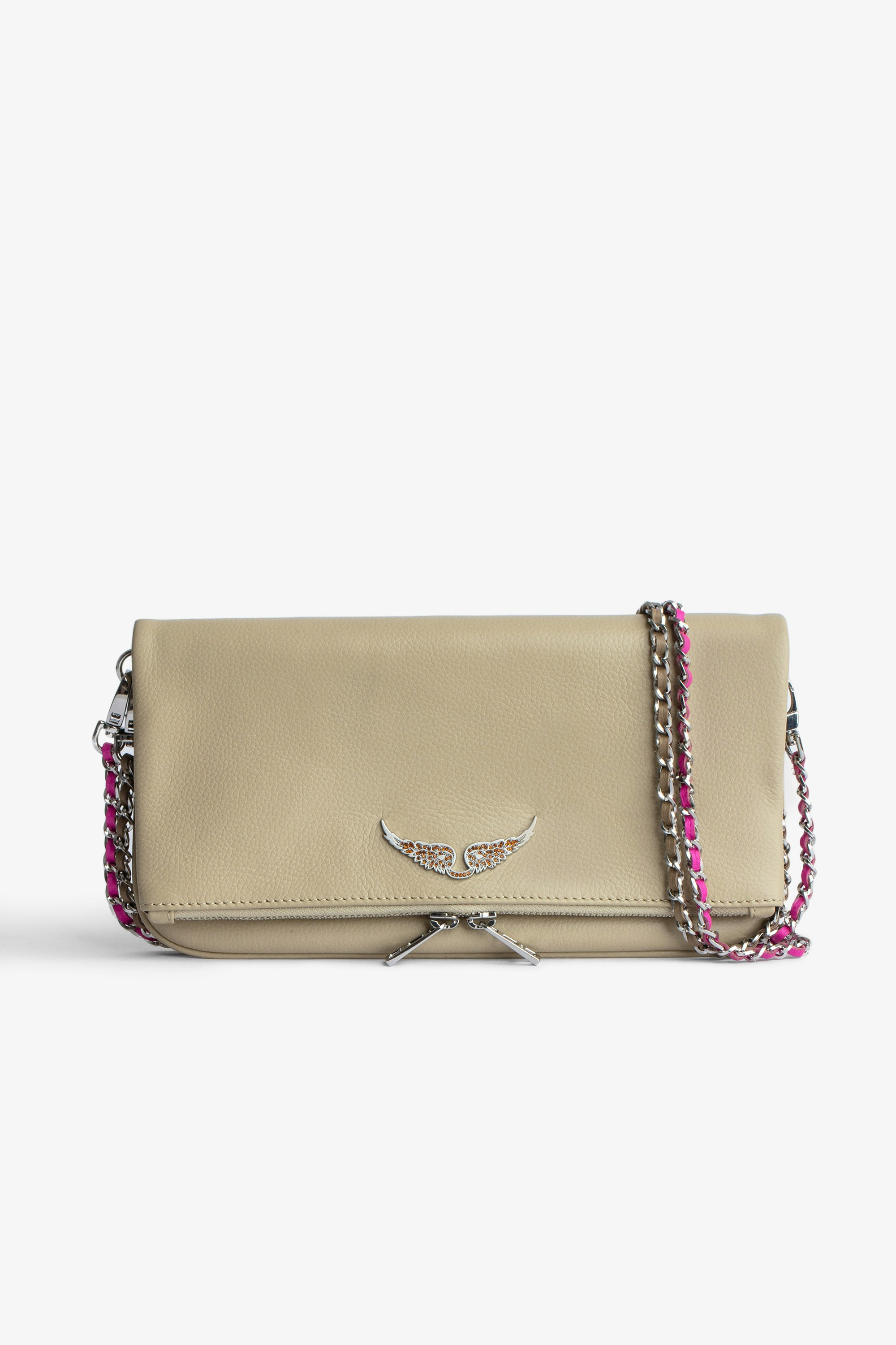 Rock Clutch Women’s beige leather zipped clutch with leather and chain shoulder strap