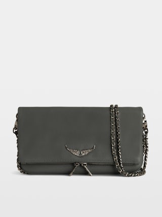 Rock Clutch - Grained leather clutch with double leather and metal chains and wings adorned with rhinestones.