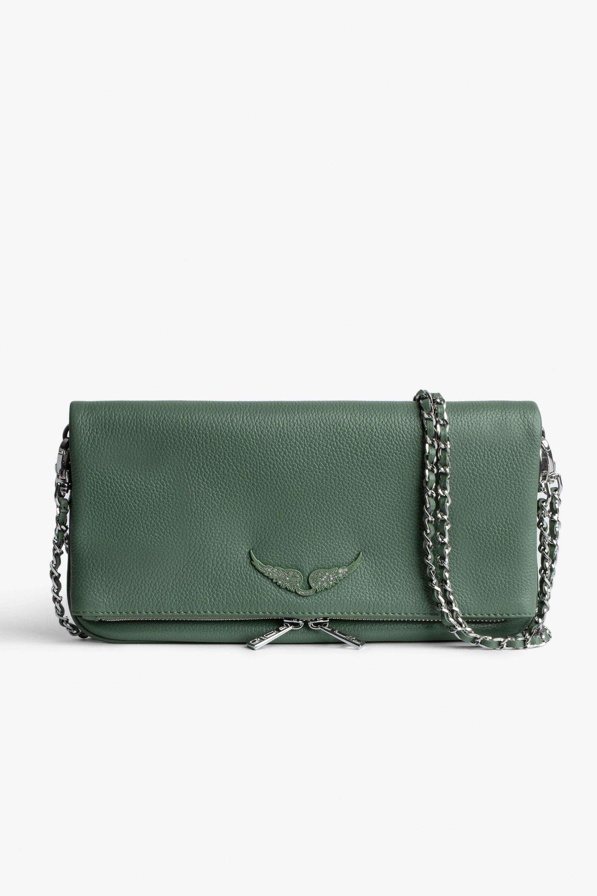 Rock Clutch Women’s khaki grained leather clutch bag with double leather-and-metal chain