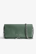 Pochette Rock - Pochette in pelle granulata kaki con doppia catena in pelle e metallo - Donna.