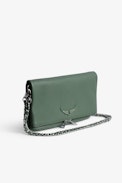 Pochette Rock - Pochette in pelle granulata kaki con doppia catena in pelle e metallo - Donna.