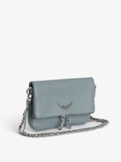 Clutch Rock Nano - Pochette aus genarbtem Leder mit Signature-Metallflügeln und Strassverzierung.