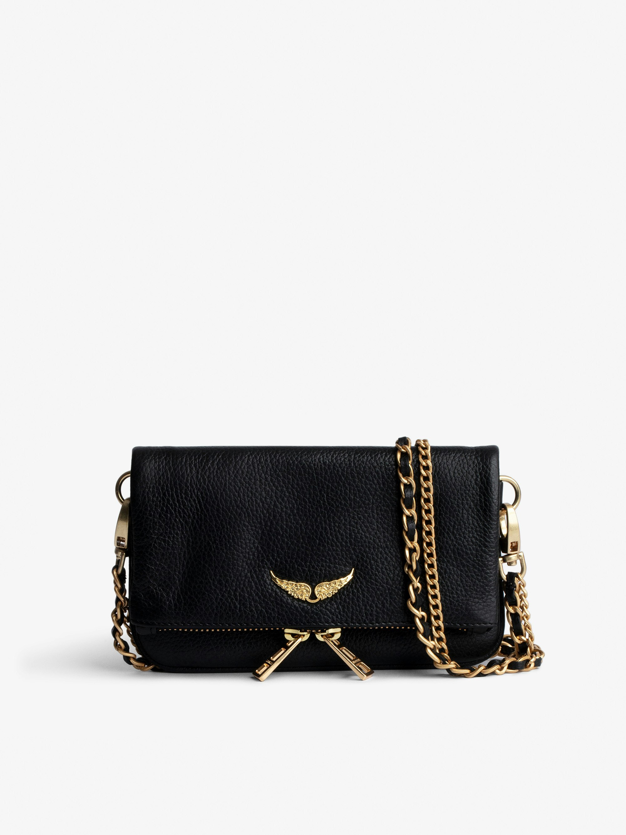 Rock Nano Grained Clutch - Women’s black grained leather Rock Nano clutch with leather shoulder strap and gold-toned chain