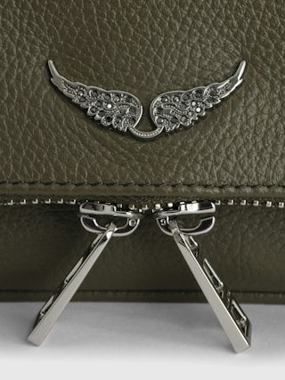 Rock Nano Clutch - Small khaki grain leather clutch with double chain and rhinestone wings.