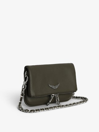 Rock Nano Clutch - Small khaki grain leather clutch with double chain and rhinestone wings.