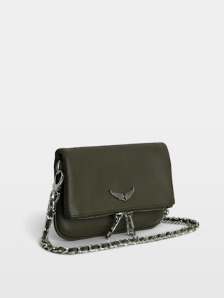 Rock Nano Clutch - Small khaki grain leather clutch with double chain and rhinestone wings.