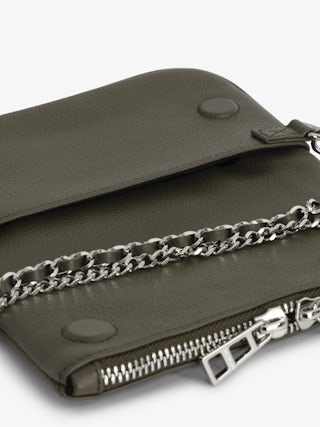 Rock Nano Clutch - Small khaki grain leather clutch with double chain and rhinestone wings.