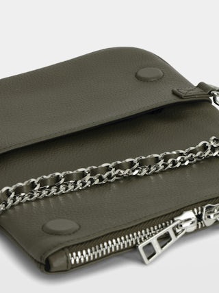Rock Nano Clutch - Small khaki grain leather clutch with double chain and rhinestone wings.