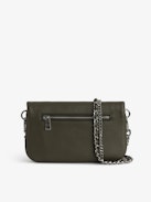 Pochette Rock Nano - Petite pochette en cuir grainé kaki à double chaîne et ailes à strass.