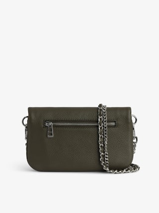 Rock Nano Clutch - Small khaki grain leather clutch with double chain and rhinestone wings.
