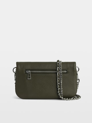 Rock Nano Clutch - Small khaki grain leather clutch with double chain and rhinestone wings.