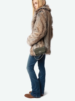 Rock Nano Clutch - Small khaki grain leather clutch with double chain and rhinestone wings.