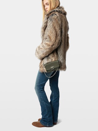 Rock Nano Clutch - Small khaki grain leather clutch with double chain and rhinestone wings.